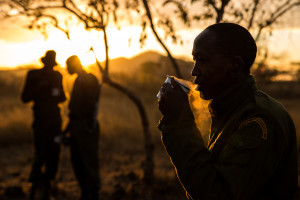Rangers drinking tea. Chyulu Hills, Kenya