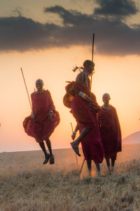 The Maasai men traditionally performing an impressive jumping 'dance' to prove their strength, stamina and attractiveness to the women.